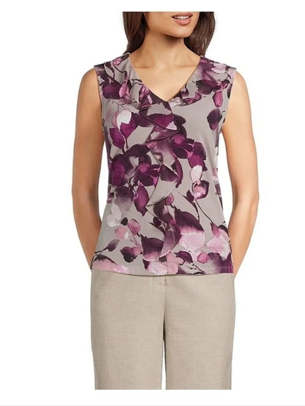 Calvin Klein Floral Ruffle Neck Sleeveless Blouse Medium